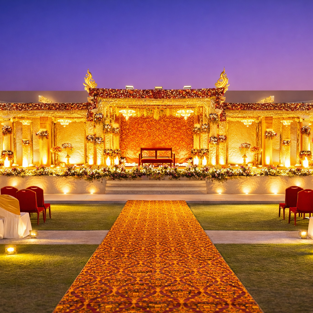 Luxury outdoor wedding stage setup with golden lighting in a lawn area