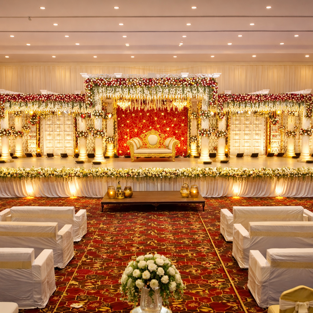 Premium wedding stage decoration with bright lighting at VVR Convention Hall