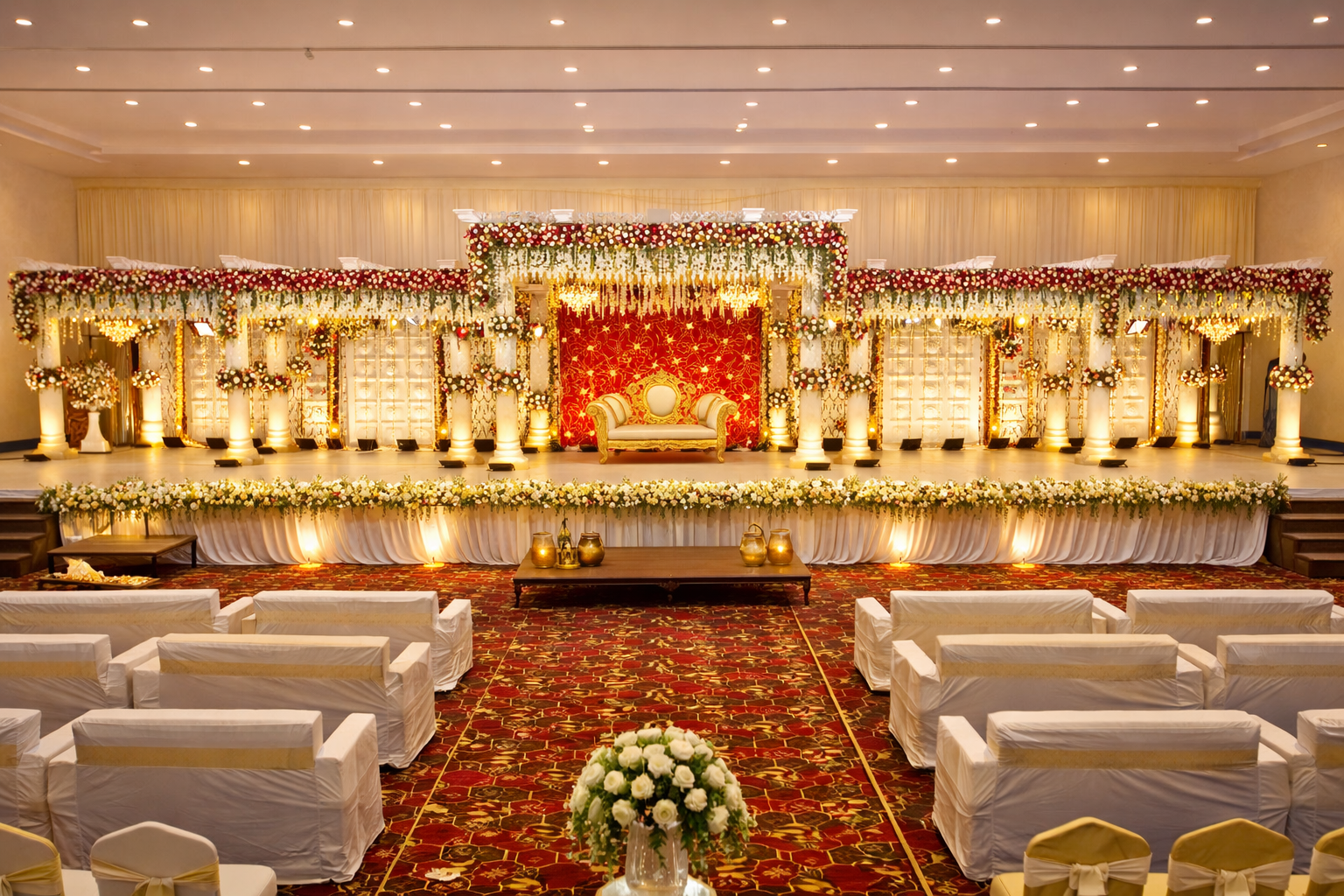 Premium wedding stage decoration with bright lighting at VVR Convention Hall