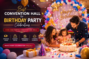 Beautiful wedding reception setup at VVR Chaitanya Convention Hall with floral decorations and grand entrance.