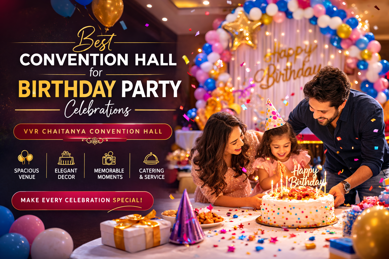 Beautiful wedding reception setup at VVR Chaitanya Convention Hall with floral decorations and grand entrance.